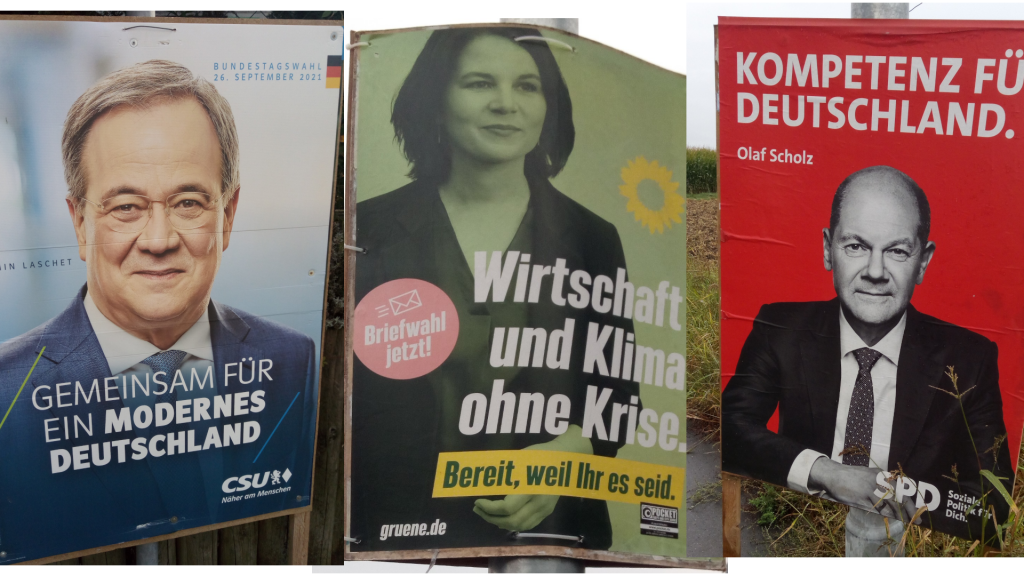 Auf dem Bild sind drei Wahlplakate zusehen. Links ist der Kanzlerkanditat der CDU, Armin Laschet, in der Mitte die Kanzlerkandidatin der Grünen, Annalena Baerbock und rechts der Kanzlerkandidat der SPD, Olaf Scholz, zu sehen