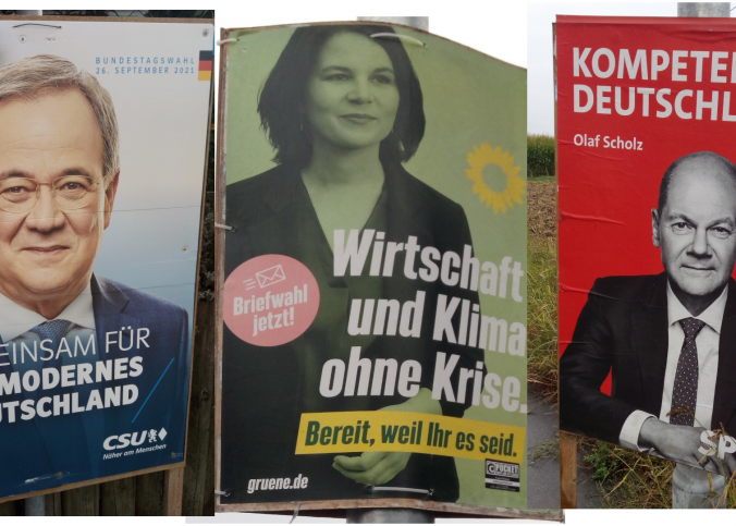 Auf dem Bild sind drei Wahlplakate zusehen. Links ist der Kanzlerkanditat der CDU, Armin Laschet, in der Mitte die Kanzlerkandidatin der Grünen, Annalena Baerbock und rechts der Kanzlerkandidat der SPD, Olaf Scholz, zu sehen